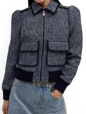 ME+EM Tweed Bomber Jacket Navy Italian Cotton Blend Women's US 6 UK 10 SS25 Coat